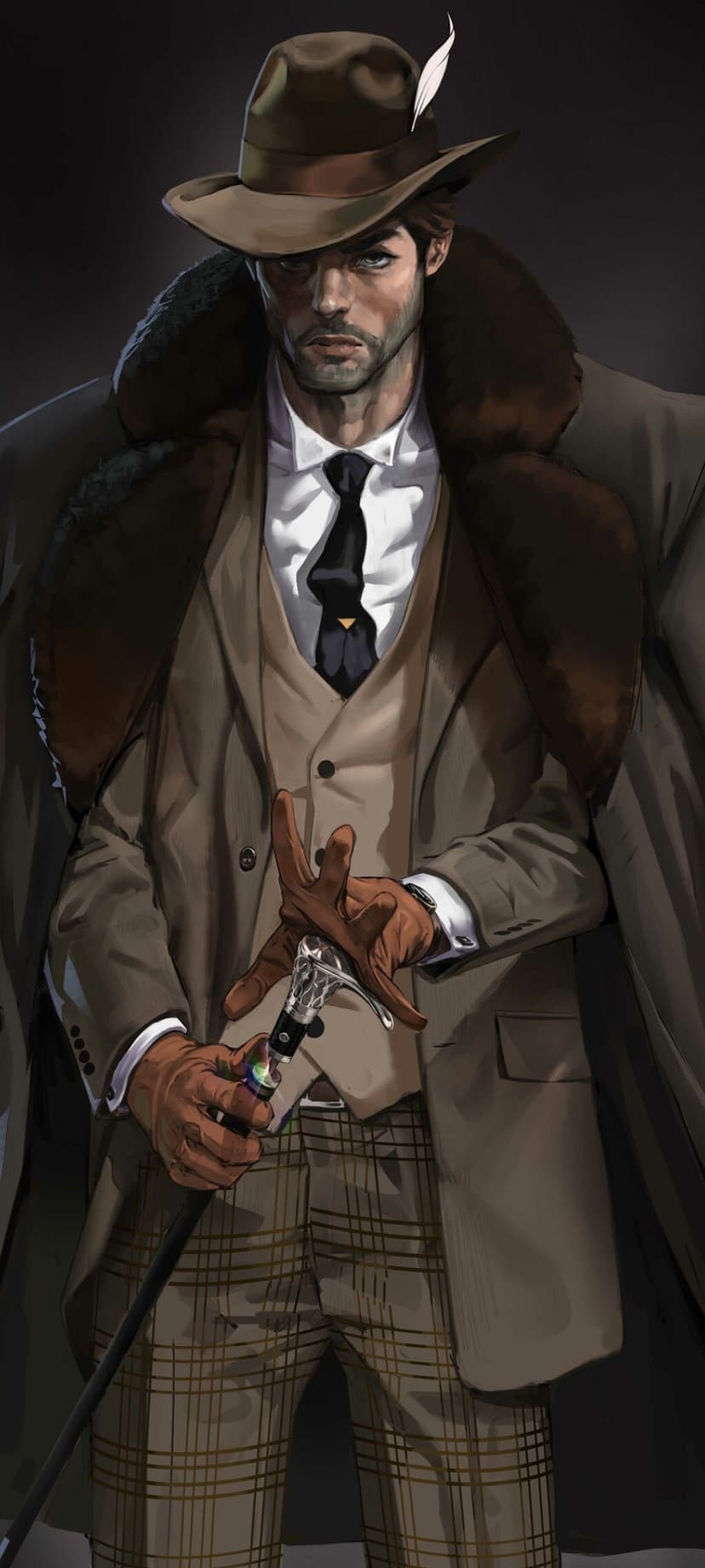 Man in a brown fedora and fur-collared coat holds a cane while wearing plaid pants and leather gloves.