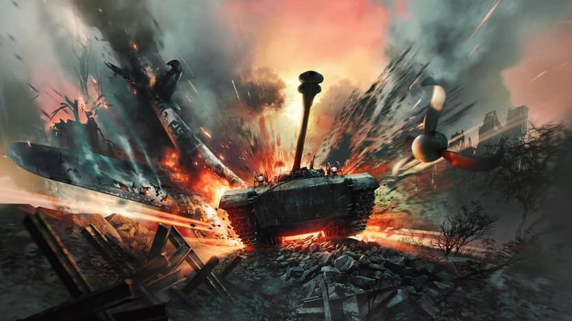 Armored tank on a battlefield with a crashing plane and massive explosion in a fiery cinematic war scene.
