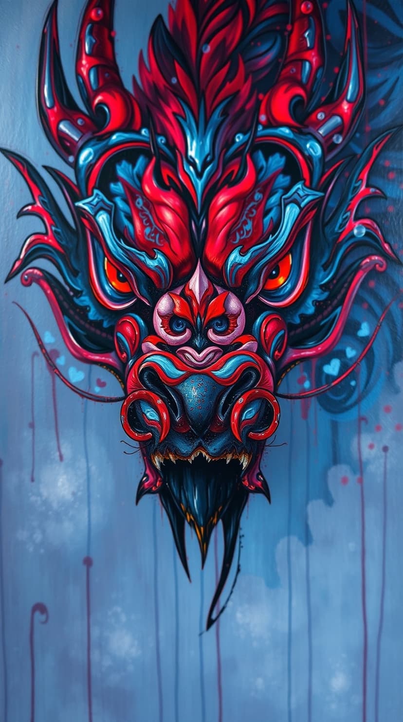 Crimson and electric blue dragon head featuring jagged horns, sharp teeth, and intense glowing yellow eyes.