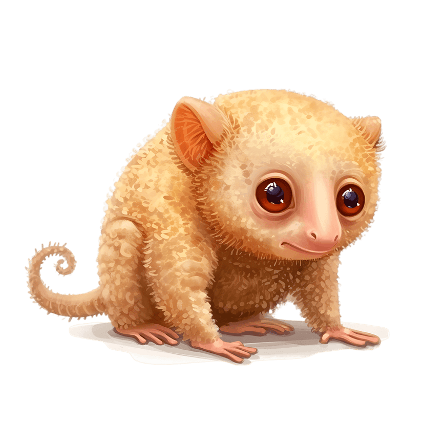 Small tarsier primate with large red eyes and fluffy brown fur sits against a dark background in a detailed style.