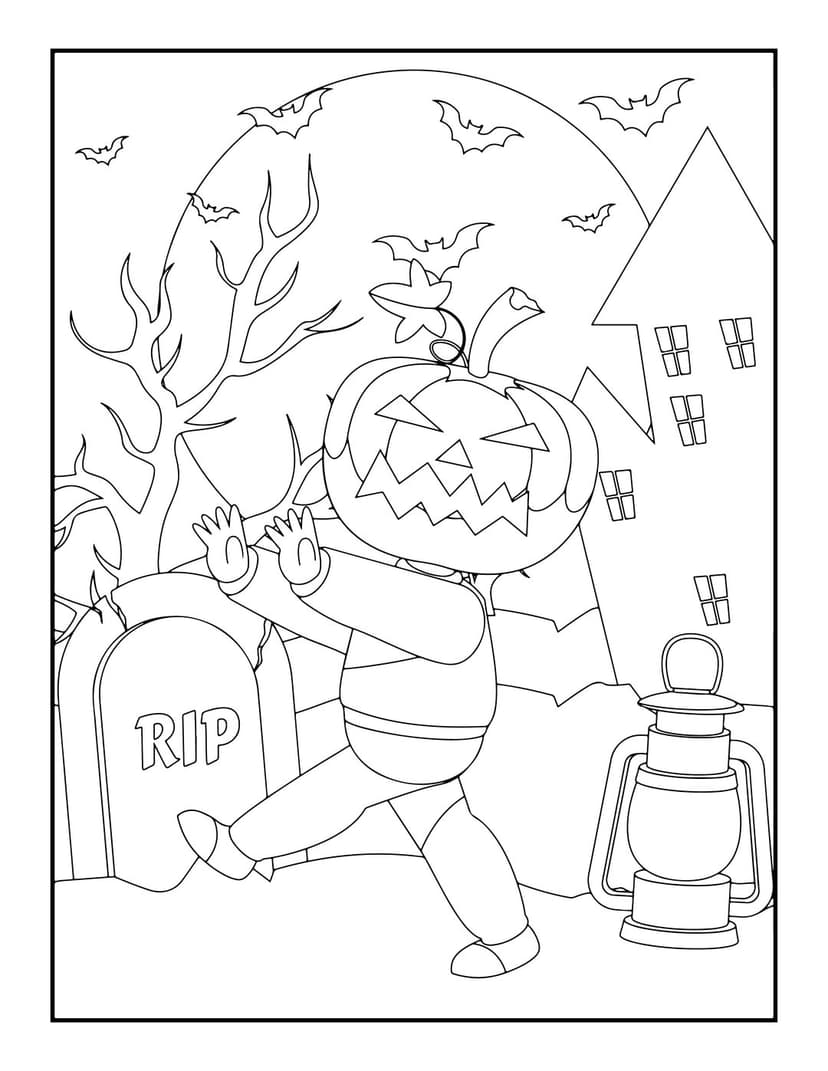Halloween coloring page showing a pumpkin man in a graveyard by a haunted house under a full moon with bats.