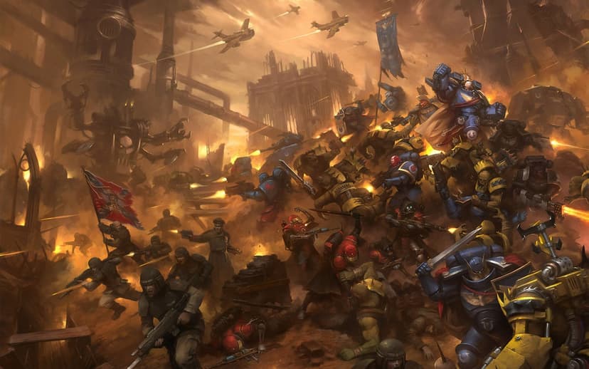 Ultramarines and Imperial Guard soldiers fighting a green Ork horde in a ruined gothic city with golden light.
