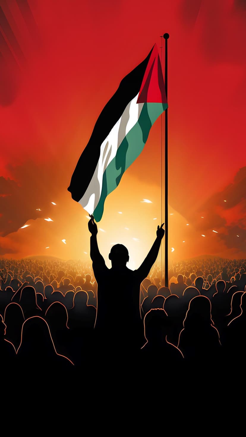 Person holding the Palestinian flag over a silhouetted crowd against a fiery red and orange twilight sky.