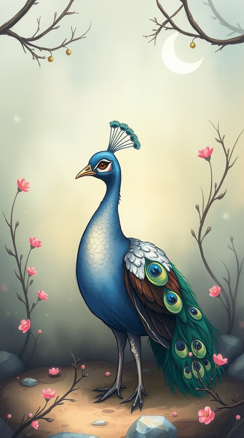 Peacock with blue plumage perches near pink cherry blossoms under a glowing crescent moon in a night scene.