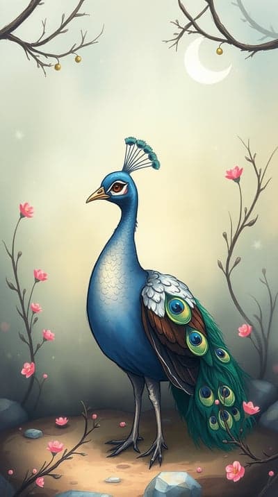 Blue Peacock and Cherry Blossoms Moonlit Phone Wallpaper