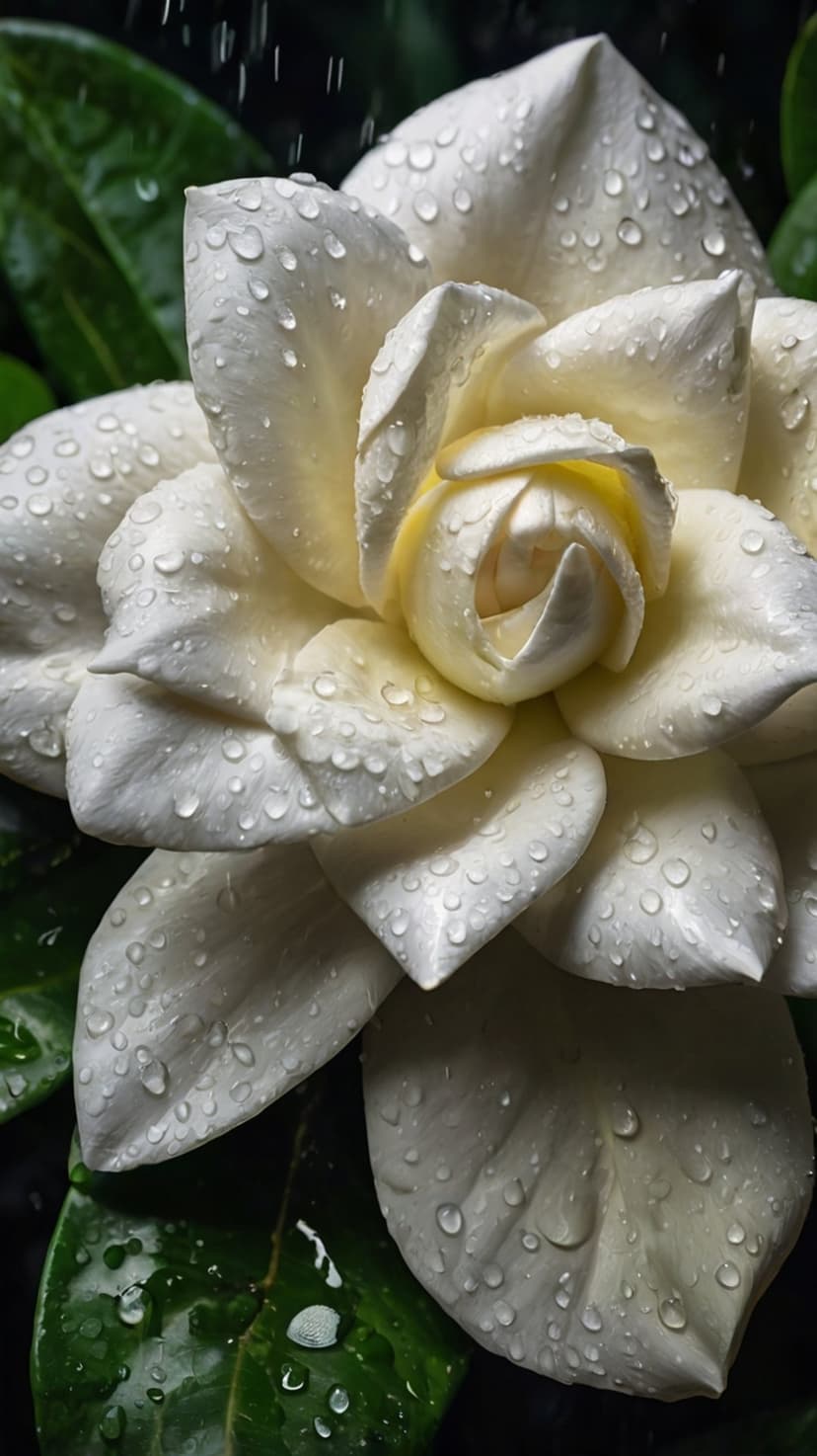 White gardenia petals covered in translucent raindrops against a blurred background of dark green leaves.