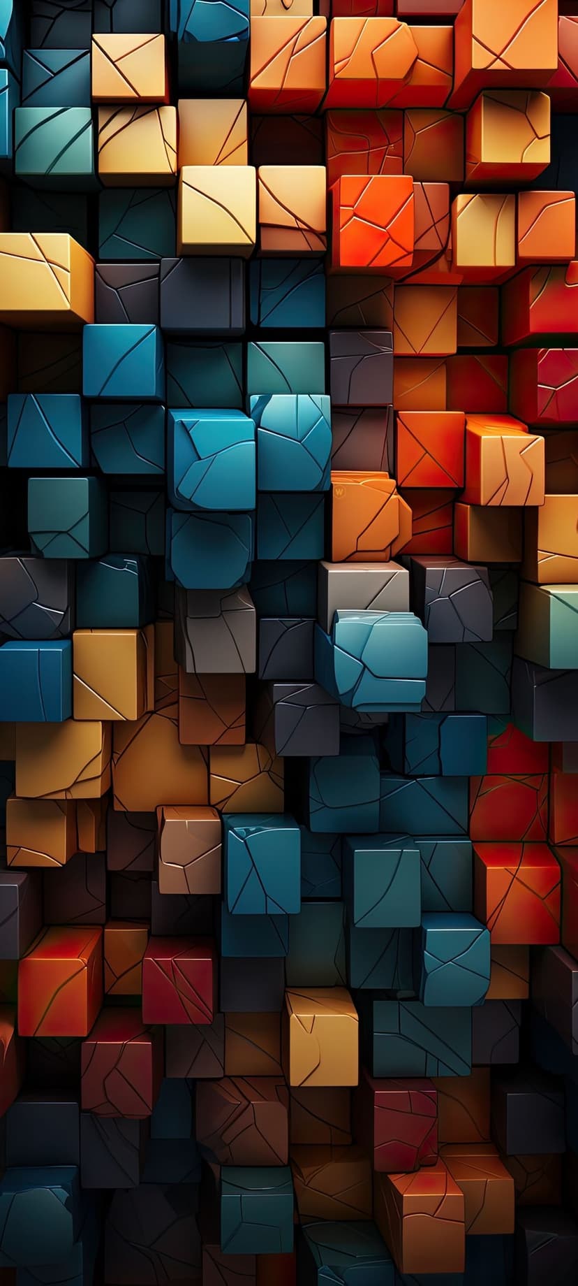 Interlocking 3D cubes with cracked stone textures in orange and blue hues create a dense geometric pattern.