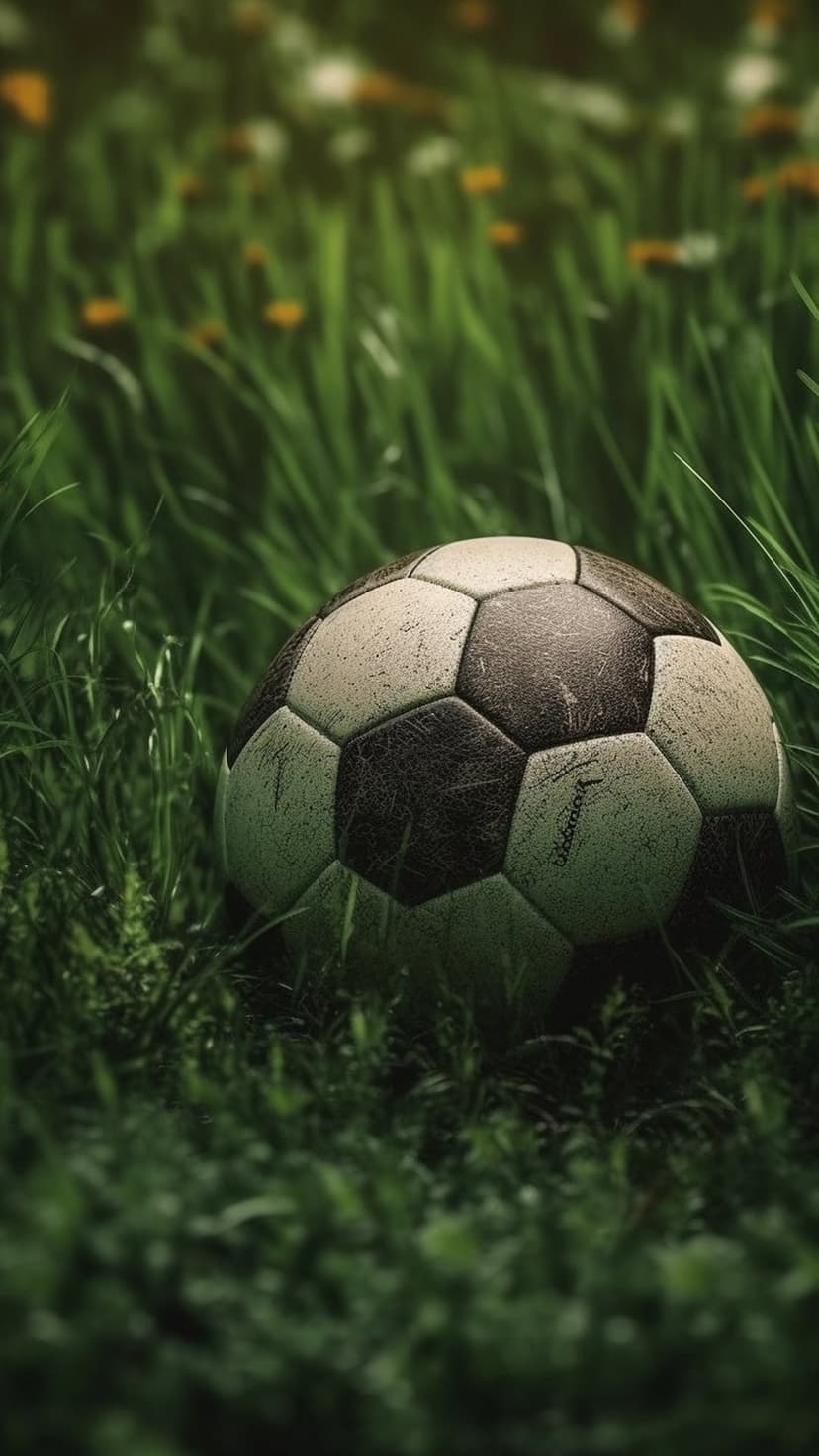 Soccer ball rests in tall green grass with blurred yellow and white flowers under bright natural sunlight.