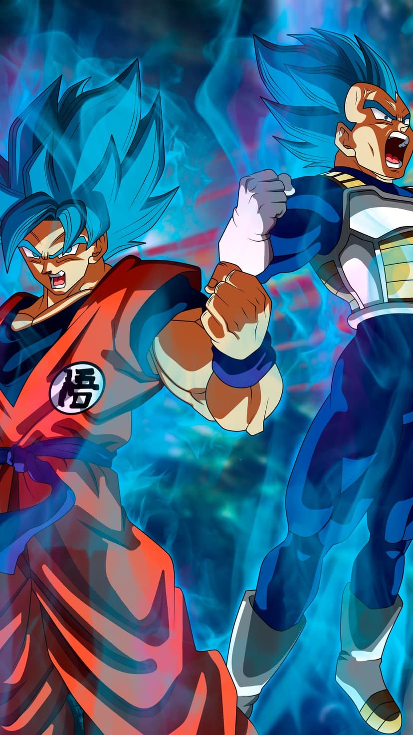 Goku and Vegeta stand in battle stances with glowing blue hair and radiant sapphire auras against a dark background.