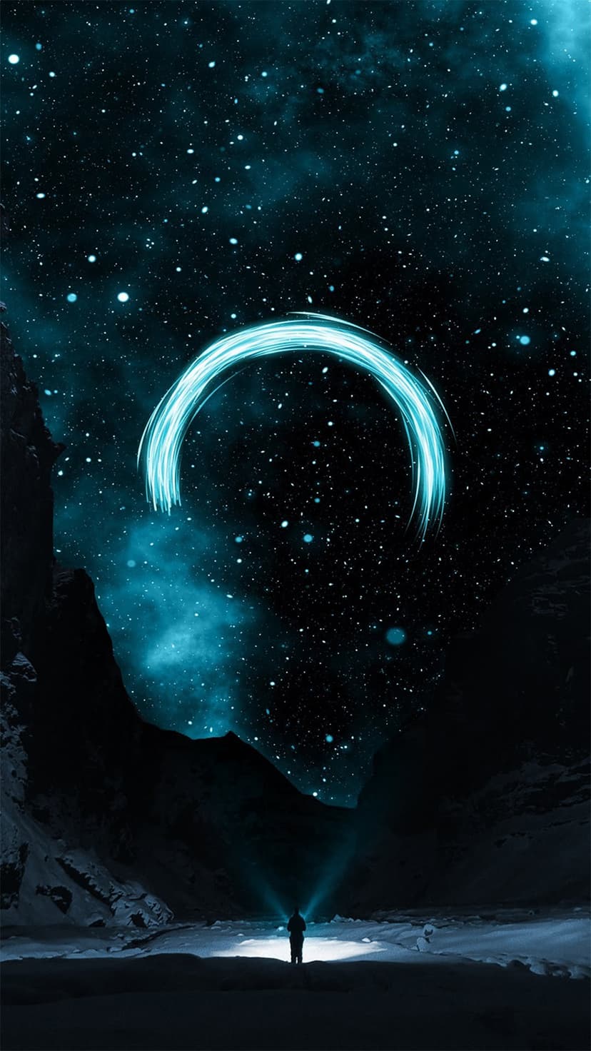 Lone figure holding a torch stands on dark rocks beneath a glowing circular portal in a starry teal night sky.