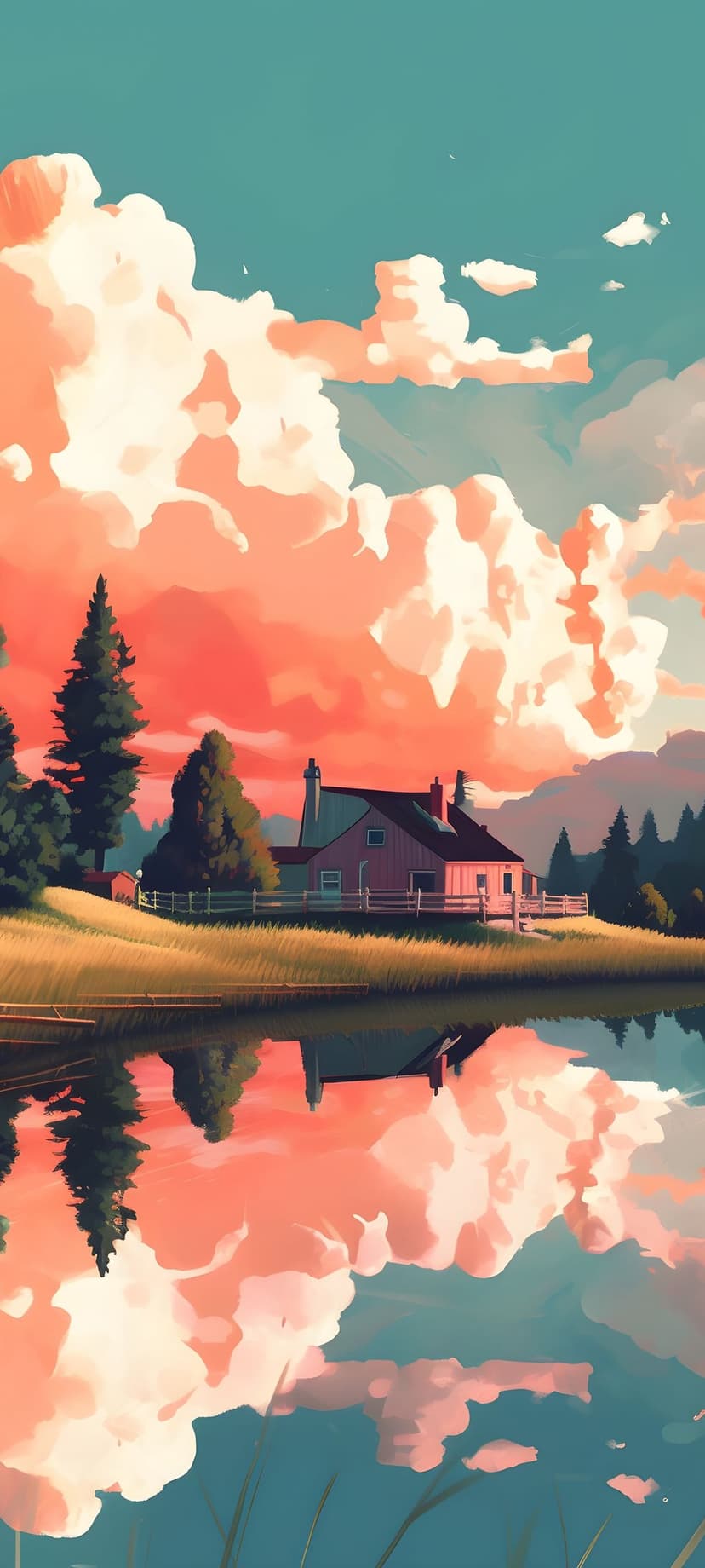 A small house sits on a green hill above a calm lake reflecting orange clouds during a vibrant sunset.