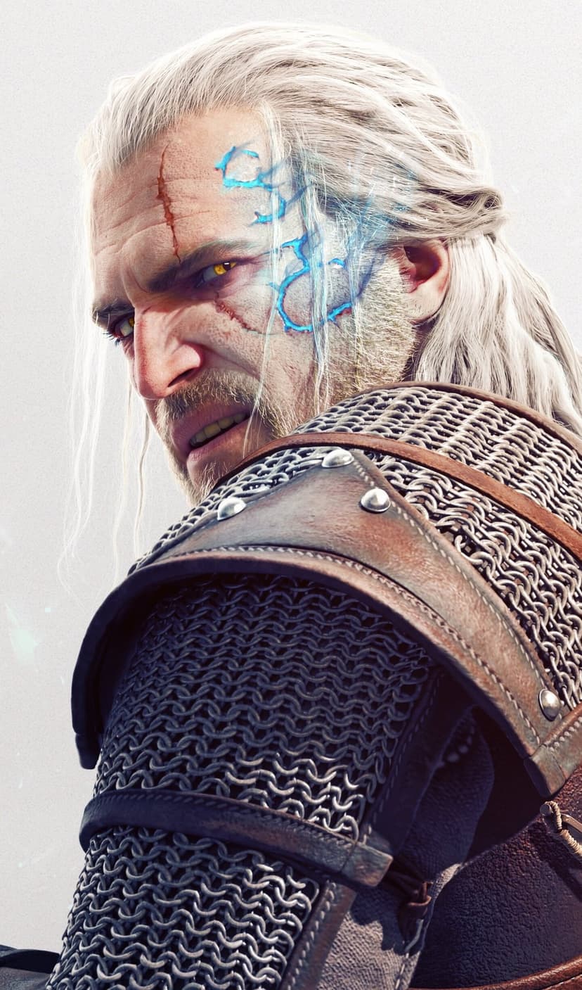 Close-up of a white-haired warrior with glowing blue temple veins and yellow eyes wearing silver chainmail.