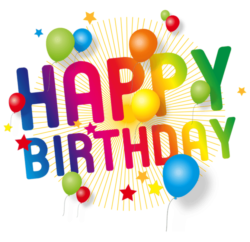 Birthday cake with vibrant balloons and festive text illustration isolated on a transparent background.
