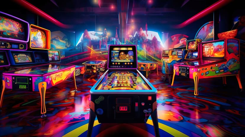 Vintage pinball machines glowing with pink and blue neon lights reflect on a polished dark arcade floor.