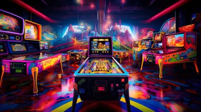 Retro Arcade Pinball Machines in Neon Glow