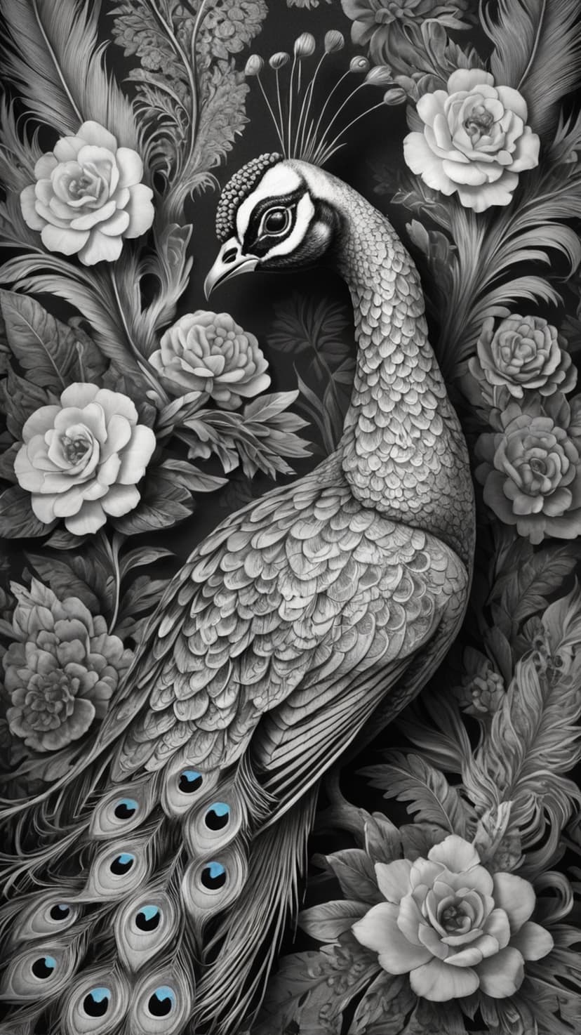 Peacock with detailed plumage amid flowers in monochromatic tones featuring a subtle blue glint in the eye.