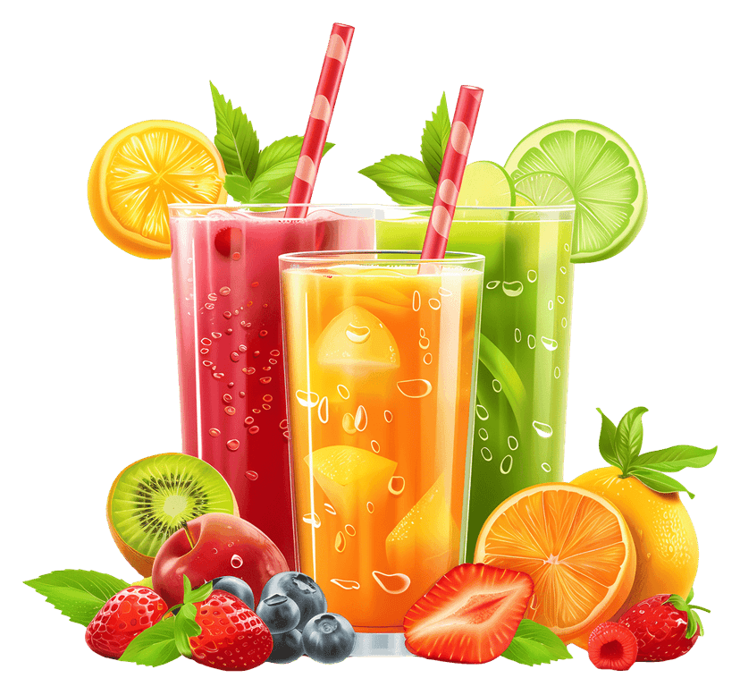 Vibrant fruit juice glasses featuring citrus garnishes and mint leaves arranged in a photorealistic row.