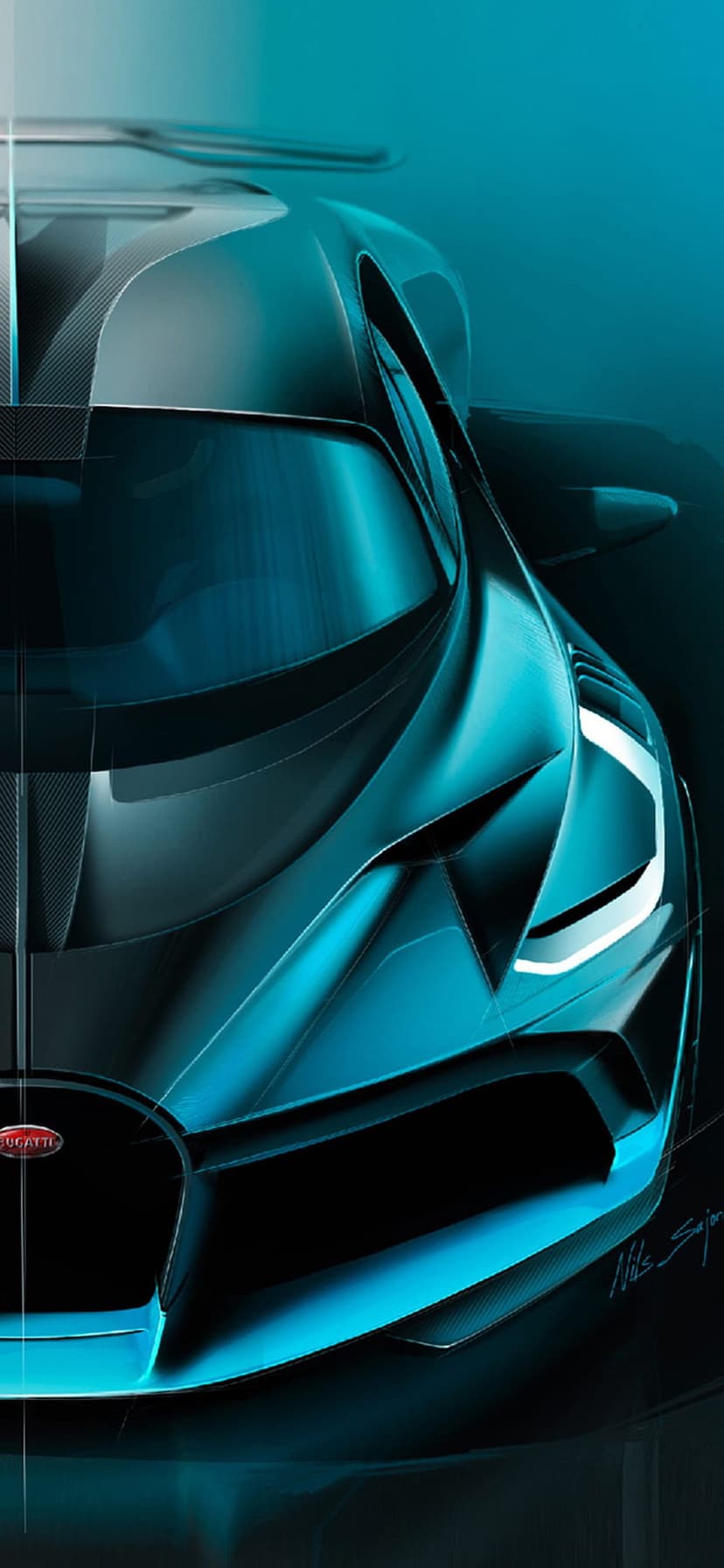 Bugatti Chiron Super Sport concept with a turquoise horseshoe grille and sleek aerodynamic lines in a sketch style.