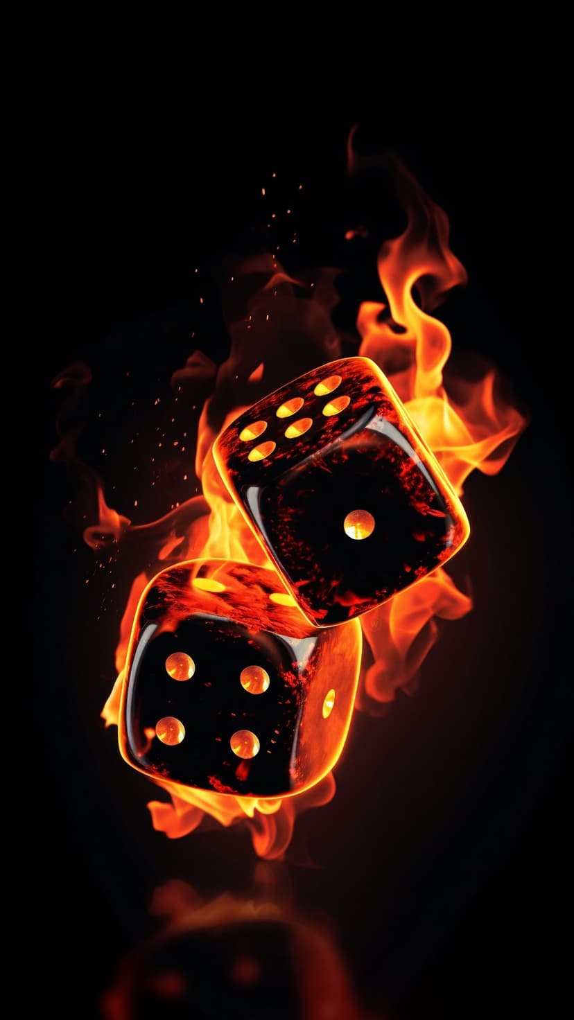 Black dice with glowing white pips are consumed by flickering orange flames set against a deep black backdrop.