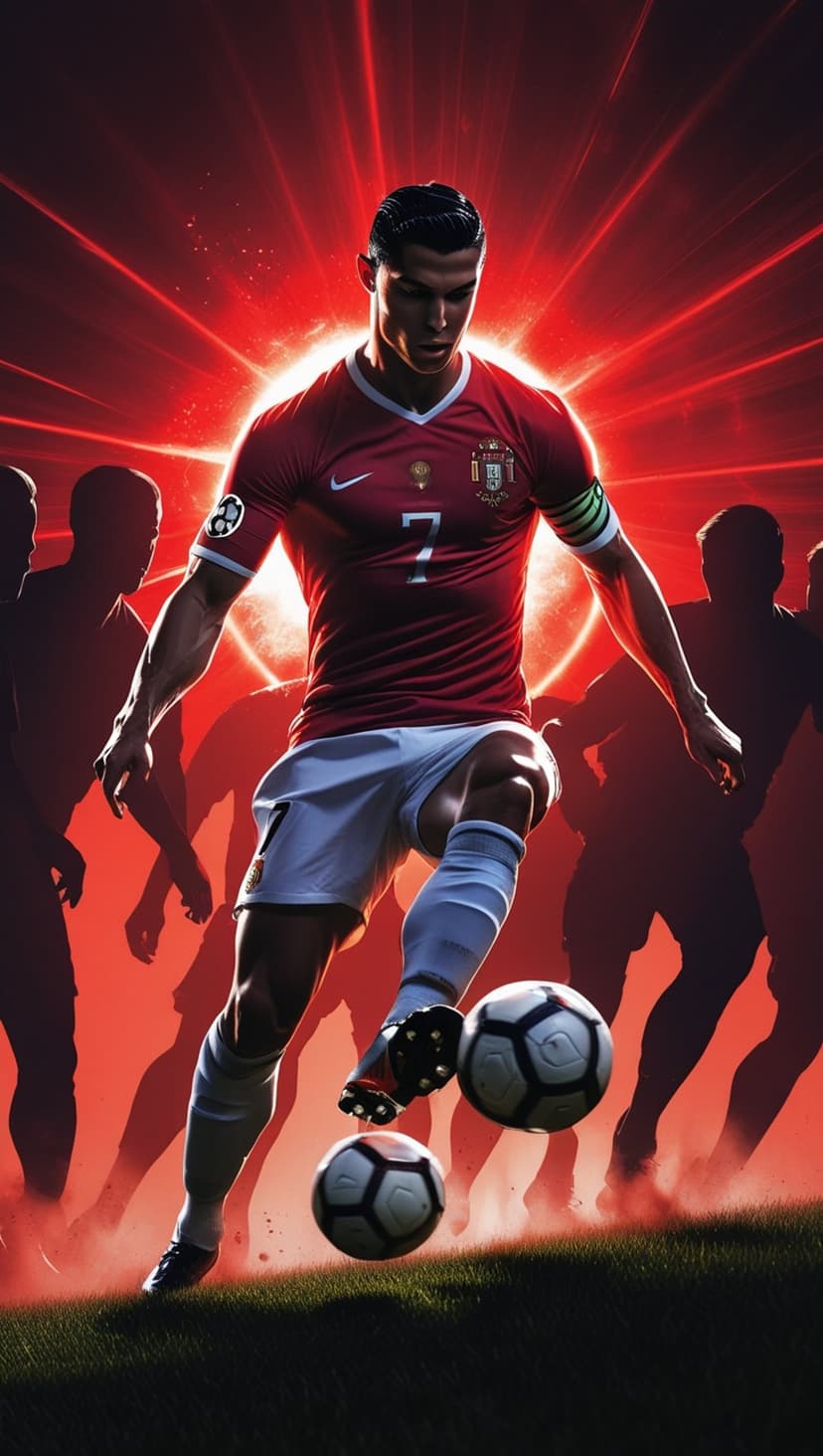 Cristiano Ronaldo in a red jersey dribbling two soccer balls amidst red glowing energy and player silhouettes.