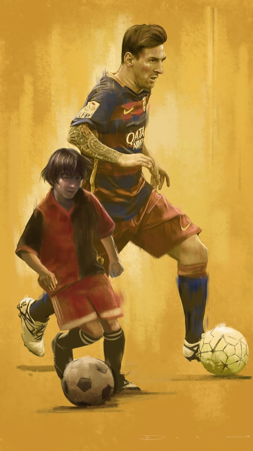 Lionel Messi wearing a Barcelona kit greets a young fan against a warm golden background with blurred motion.