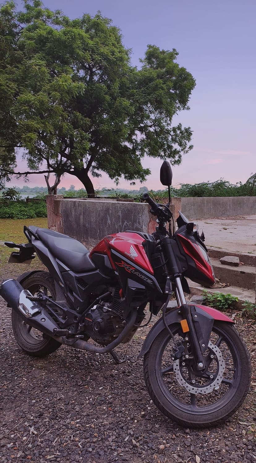 Red and black Honda motorcycle on gravel under a purple dusk sky with a large tree and stone wall in the background.