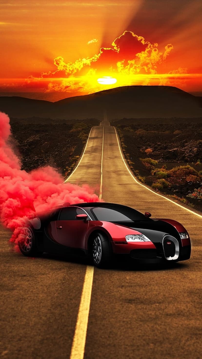 Red Bugatti hypercar drifting on a mountain road with crimson smoke billowing against a fiery sunset sky.