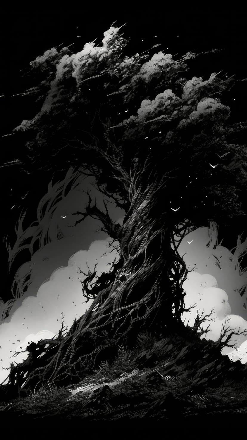 Gnarled tree with twisted branches stands against dark swirling storm clouds and flying birds in monochrome.