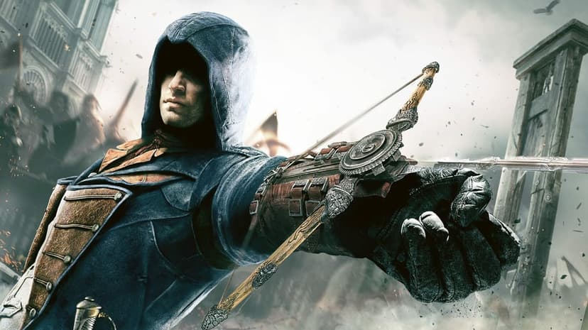 Arno Dorian aims a Phantom Blade gauntlet against a backdrop of Revolutionary Paris with a guillotine and Notre Dame.