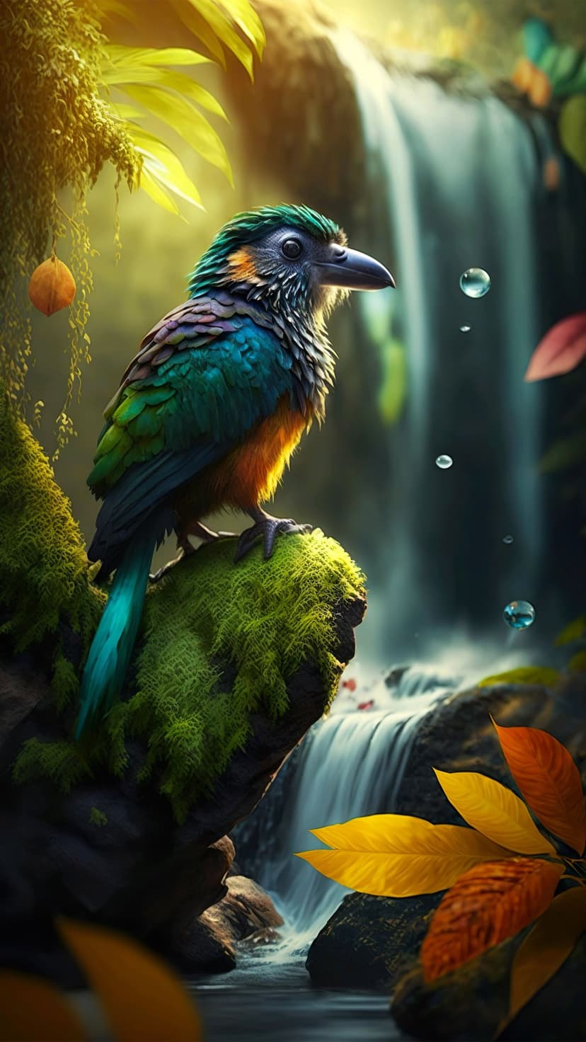 Colorful bird on a mossy branch beside a misty waterfall with golden light rays in a dense enchanted forest.