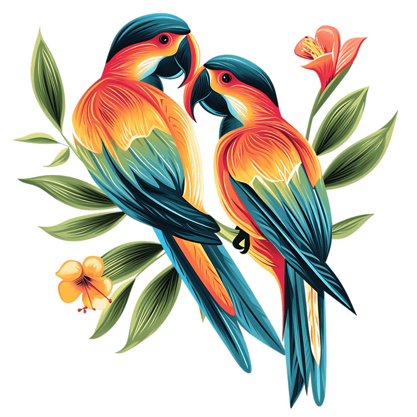 Macaw parrots perched among tropical flowers featuring vibrant red and blue feathers on a leafy jungle branch.