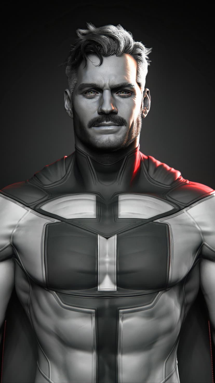 Muscular man with a mustache in a grayscale superhero suit with red shoulder lighting on a dark background.