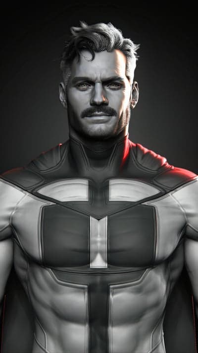 Grayscale Superhero with Mustache and Cape