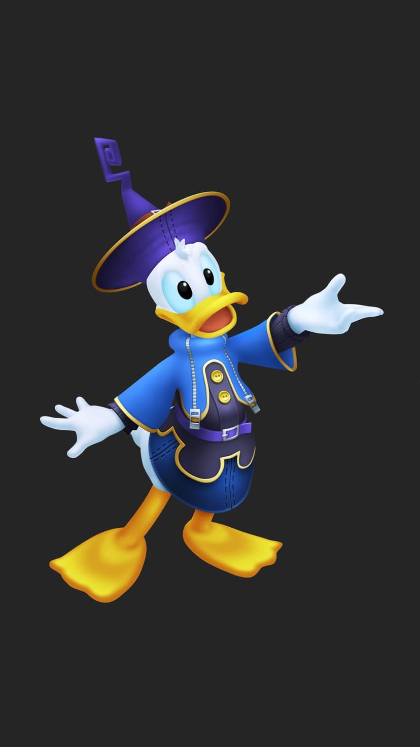Donald Duck in a purple wizard hat and blue robe strikes a cheerful pose with arms wide on a plain background.