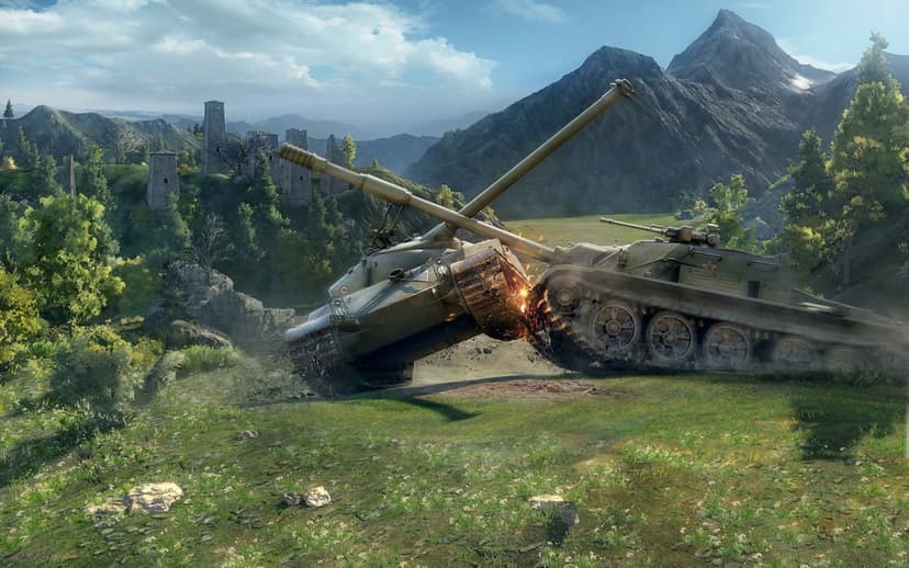 Two heavy tanks collide in a grassy mountain valley with sparks flying and stone ruins in the background.