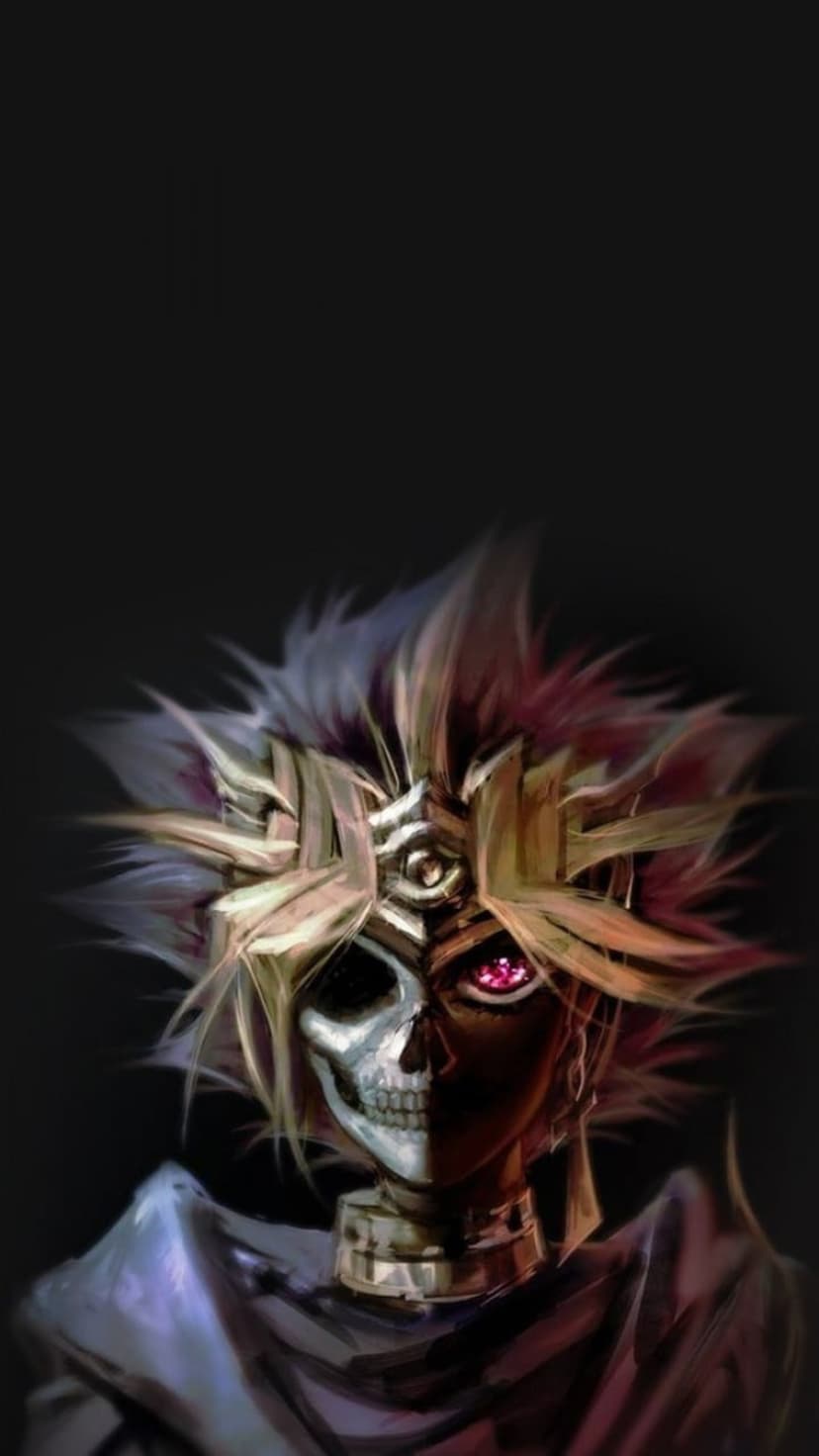 Yami Yugi with a split skull face, a glowing crimson eye, and golden headwear against a dark backdrop.