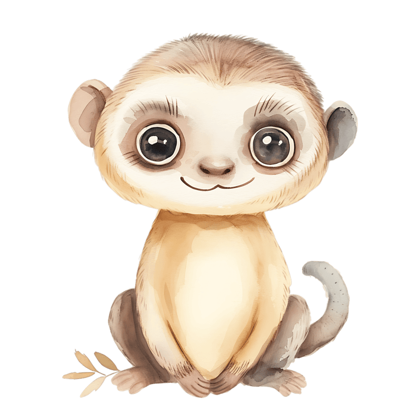 Watercolor lemur illustration featuring large dark eyes and brown fur sitting beside green forest leaves.