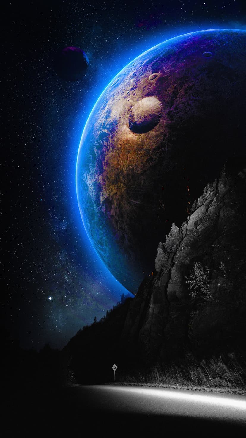 Massive cratered planet looming over a lit mountain road under a starry sky in a vertical composition.