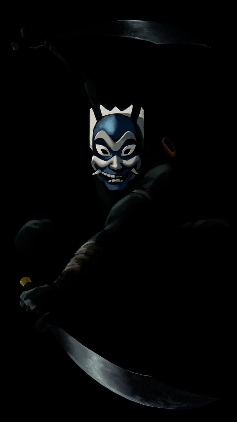 The Blue Spirit wearing a blue and white mask holds two curved scimitars against a dark, shadowy background.
