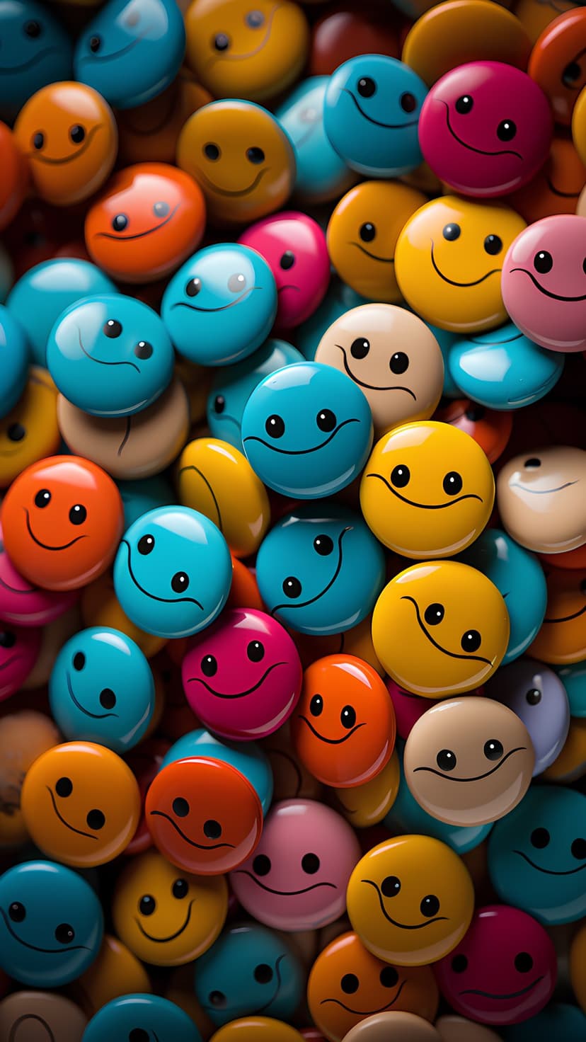 Smiley face candies in neon yellow, blue, and pink arranged in a dense, top-down pattern across the frame.