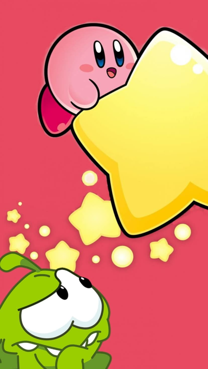 Kirby peeking from a yellow star while Om Nom gazes at glowing orbs against a vibrant pink background.