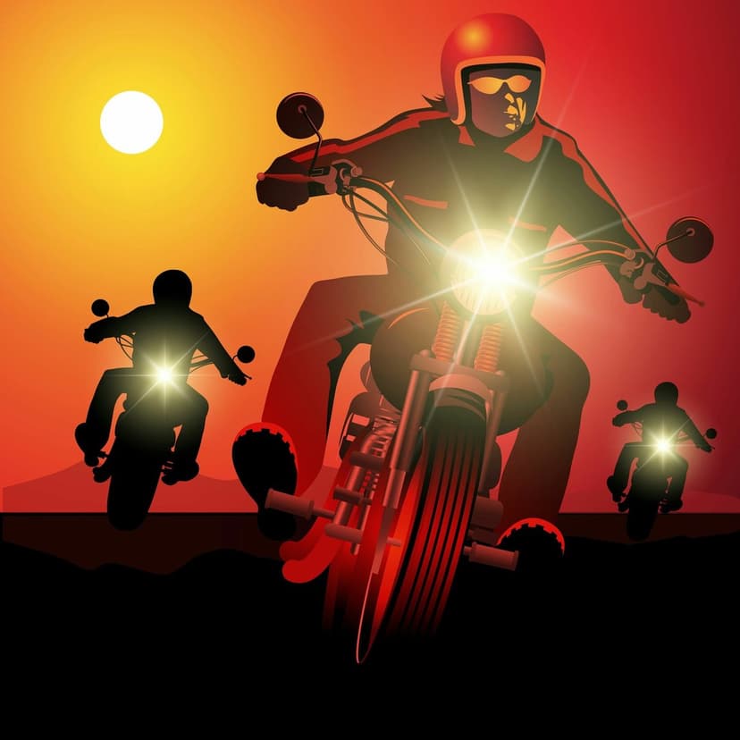 Three motorcyclists in silhouette ride against a red sunset with brilliant white beams from the lead headlight.
