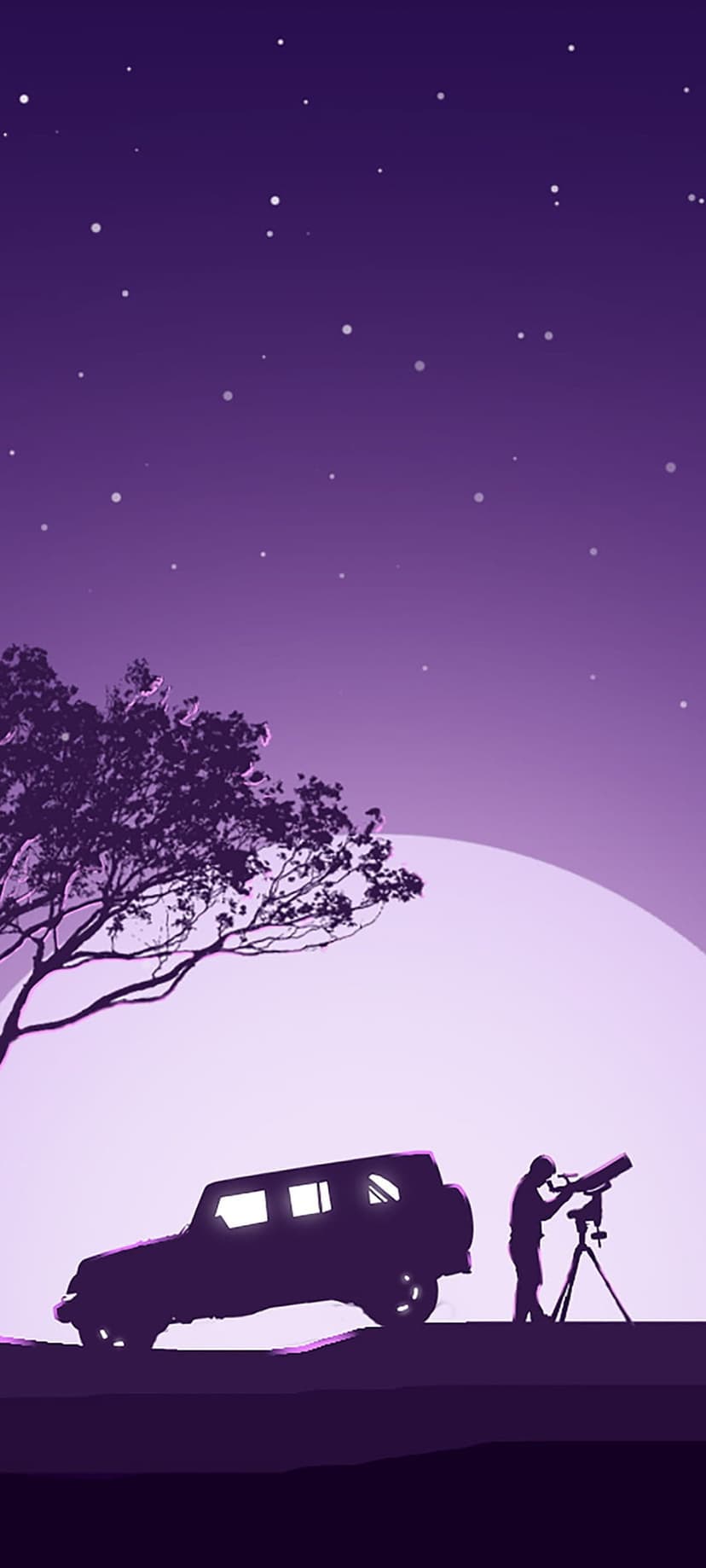Silhouette of a couple using a telescope near an SUV under a large moon and purple starry night sky.