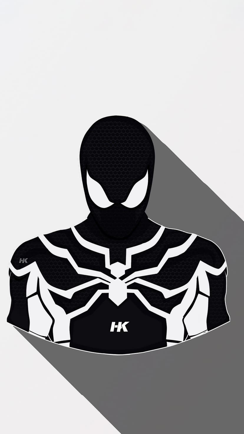 Spider-Man in a black suit with a white spider emblem and textured fabric against a dark monochrome background.