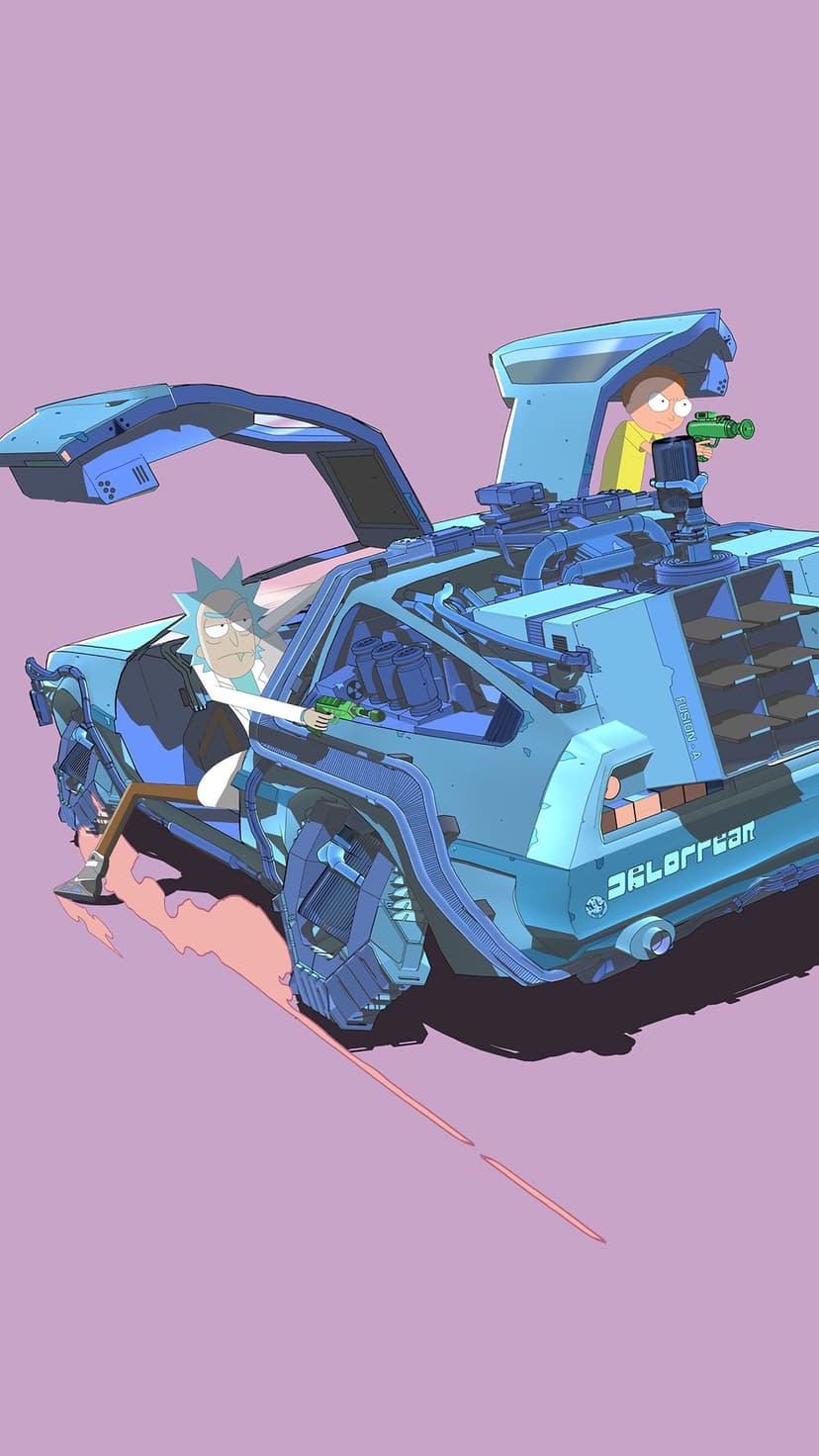 Rick Sanchez drives a DeLorean with Morty Smith aiming a ray gun, featuring open doors and a lavender background.