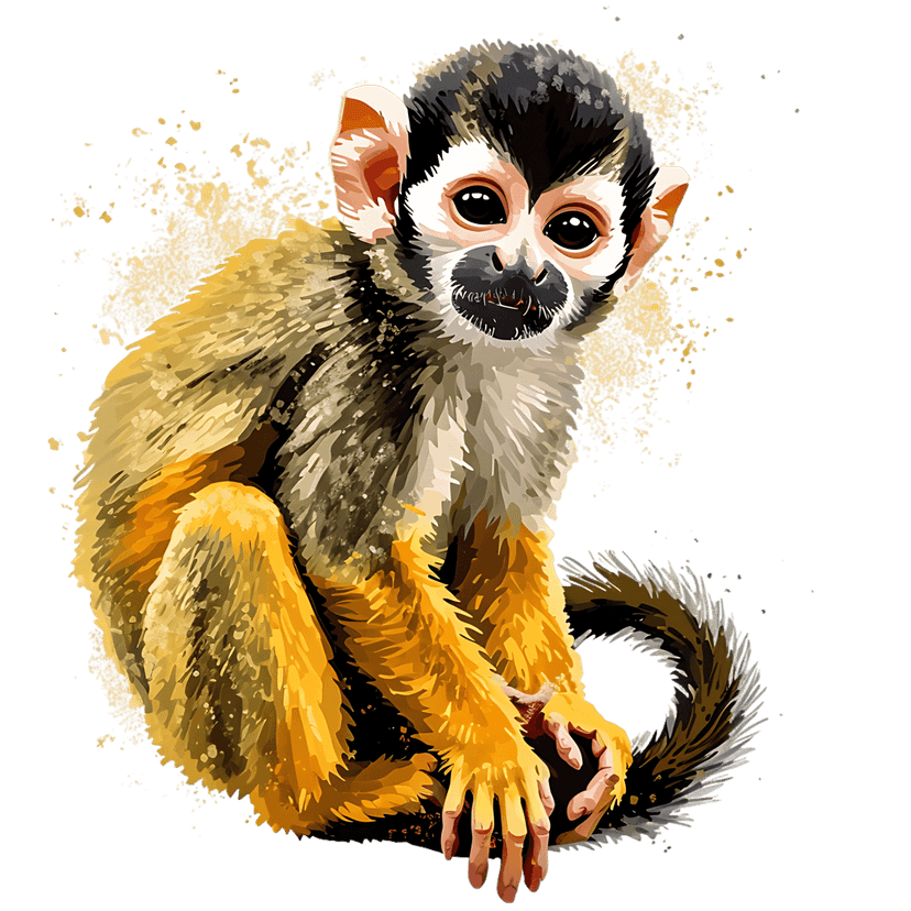 Black-capped squirrel monkey illustration featuring yellow splatter effects and detailed fur on black background.