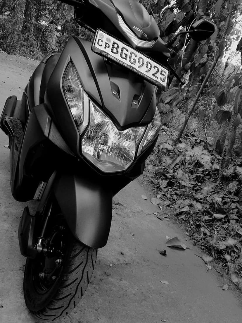 Honda Dio scooter with license plate parked among trees and fallen leaves in a monochrome close-up shot.