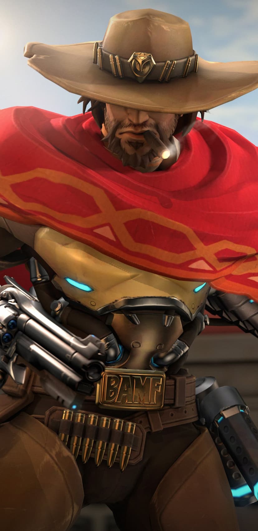 Cole Cassidy from Overwatch wearing a red poncho and tan cowboy hat holding a detailed silver revolver.