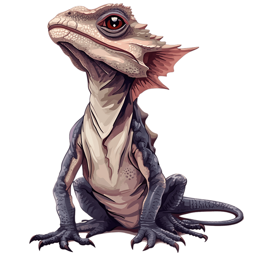 Tuatara lizard illustration featuring realistic scaly skin and a red eye against a dark background cutout.