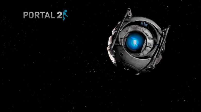 Wheatley personality core with glowing blue eye floats in dark space beside the Portal 2 game logo.